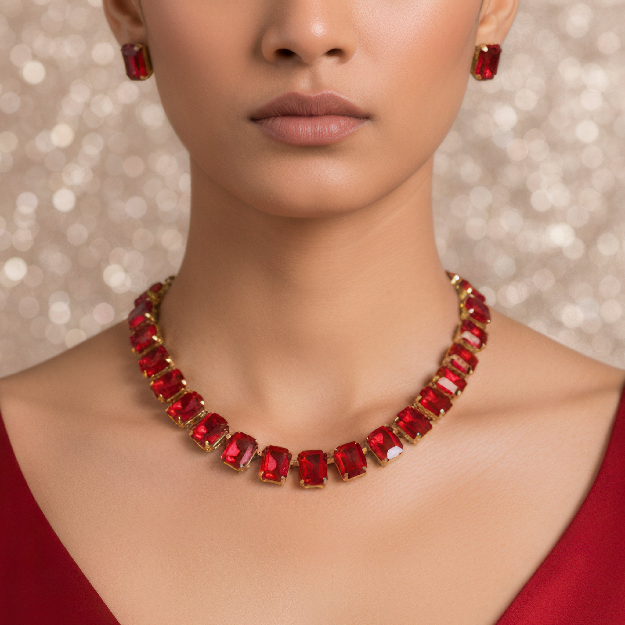 PRAO Anti-Tarnish Single-Line Crystal Necklace Set with Earrings