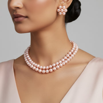 PRAO Multilayer Rose Pink Pearl Necklace Set With Earrings