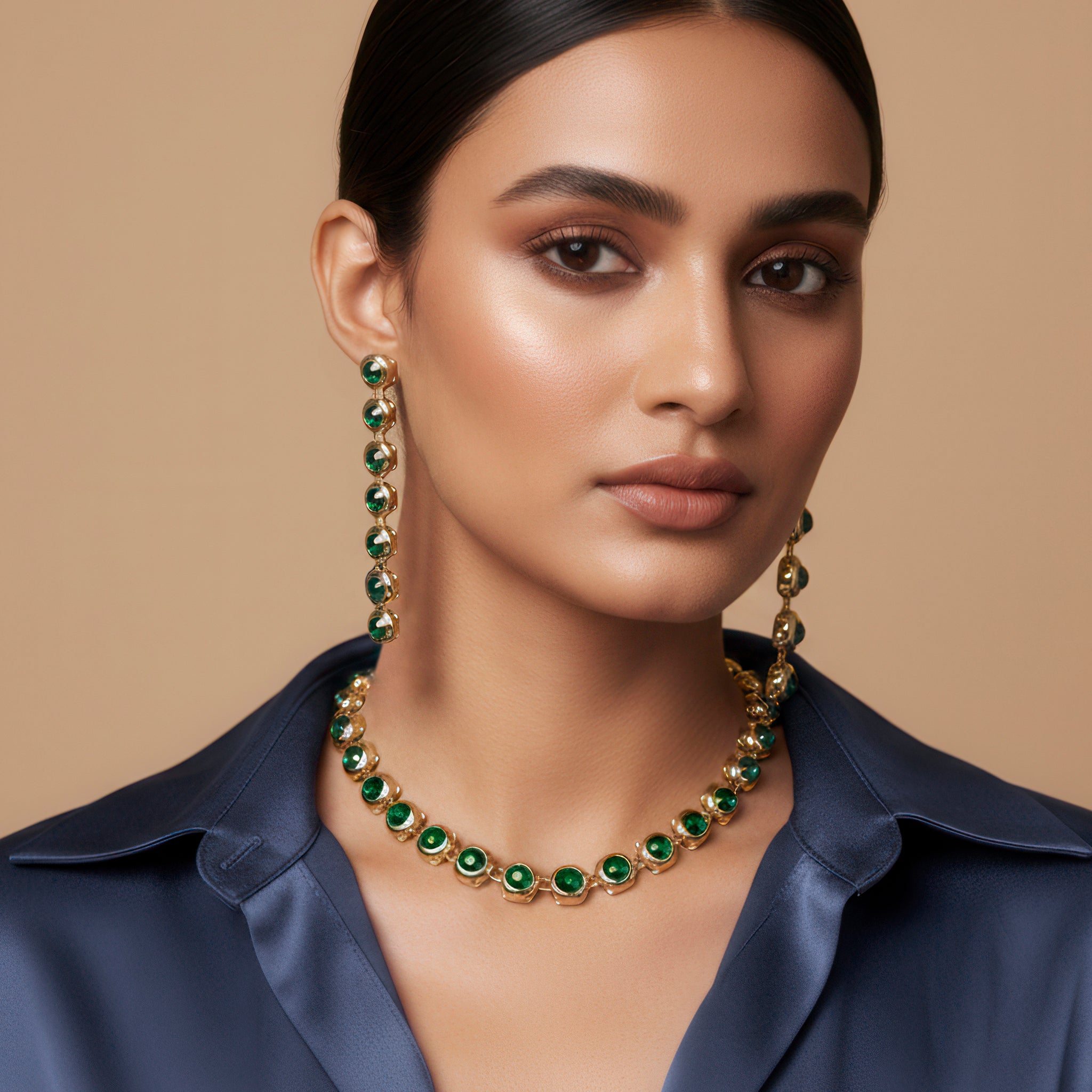 PRAO Anti-Tarnish Gold Plated Emerald Green Crystals Necklace Set With Earrings