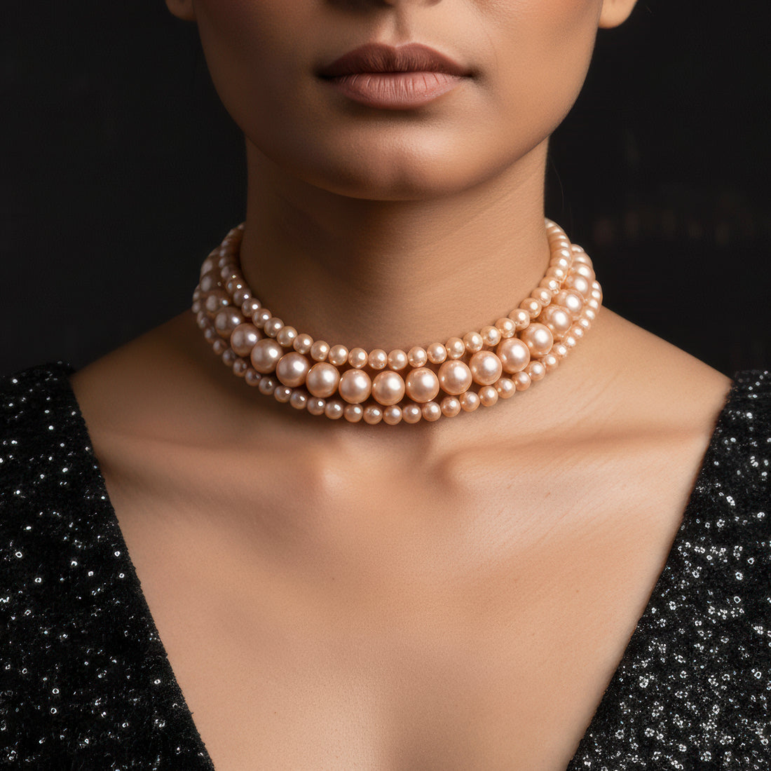 PRAO Triple Layer Golden Brown Pearl Choker Necklace