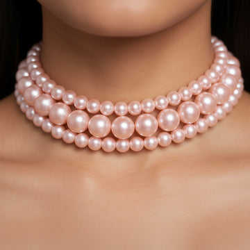 PRAO Necklace Triple Layer Rose Pink Pearl Choker