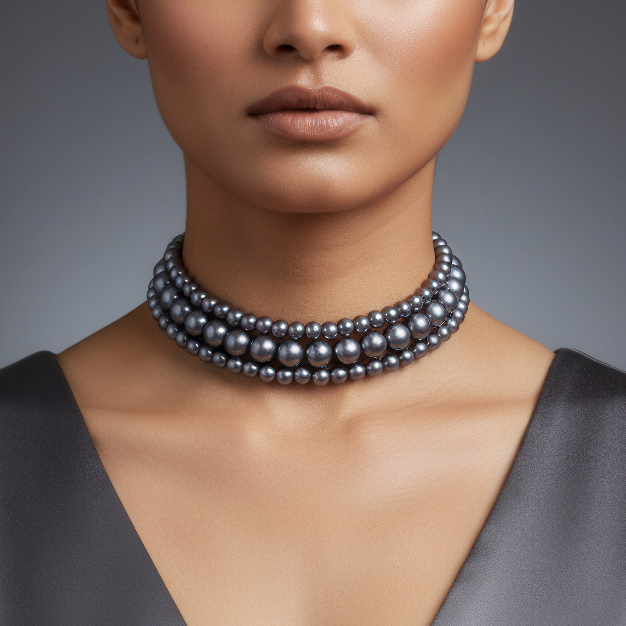 PRAO Triple Layer Blackish Grey Pearl Choker Necklace