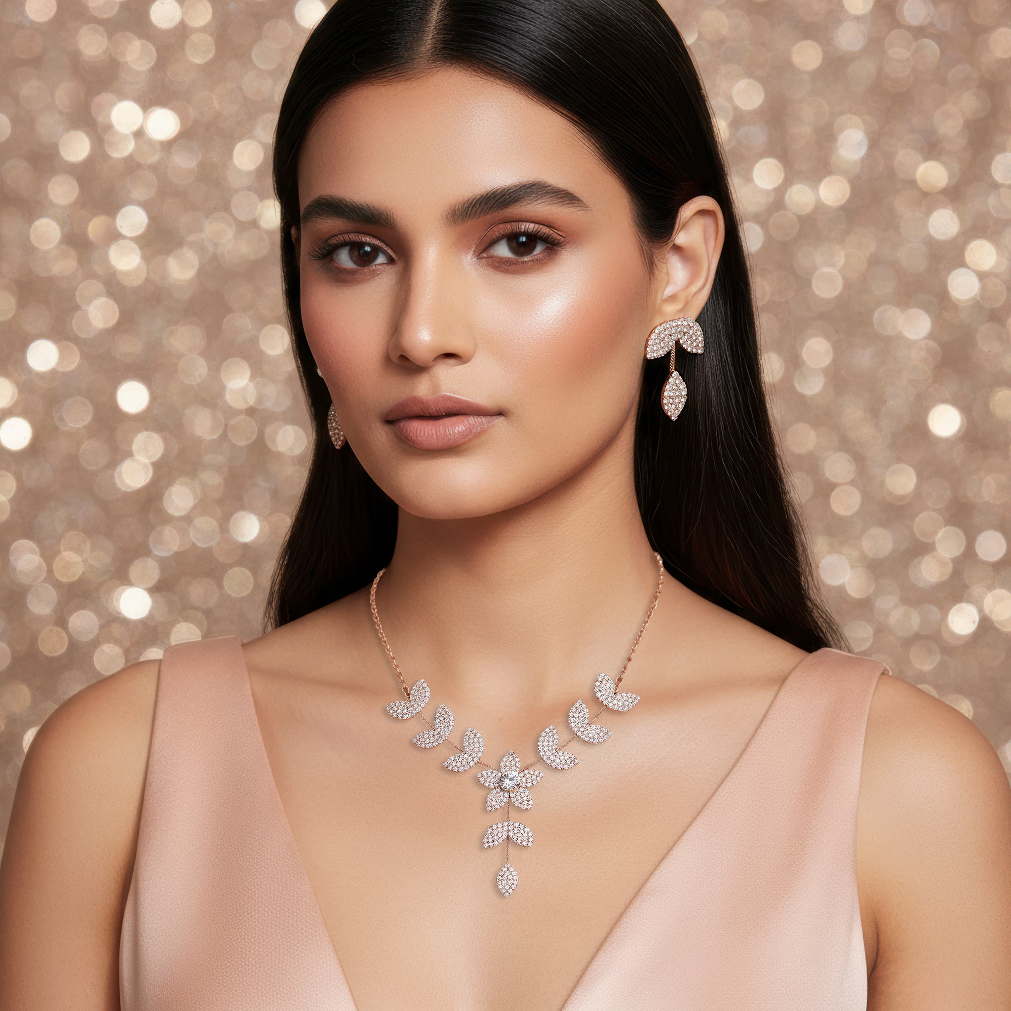 PRAO Anti-Tarnish Flower Leafy Pattern Necklace Set With Earrings