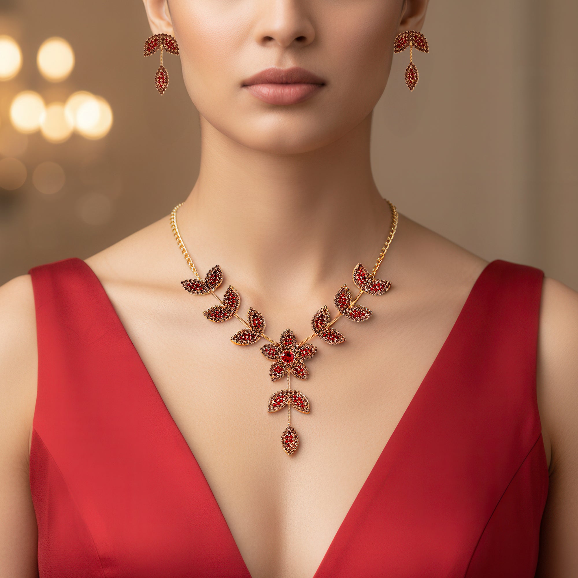 PRAO Anti-Tarnish Flower Leafy Necklace Set With Earrings
