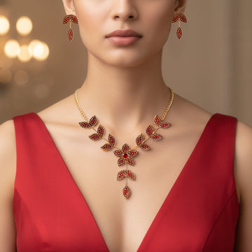 PRAO Anti-Tarnish Flower Leafy Necklace Set With Earrings