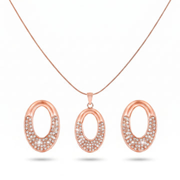 PRAO Necklace Anti-Tarnish Hollow Studded Oval Pendant Set With Earrings