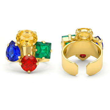 PRAO Ring Anti-Tarnish Gold Plated Multicoloured Crystals (Adjustable Size)