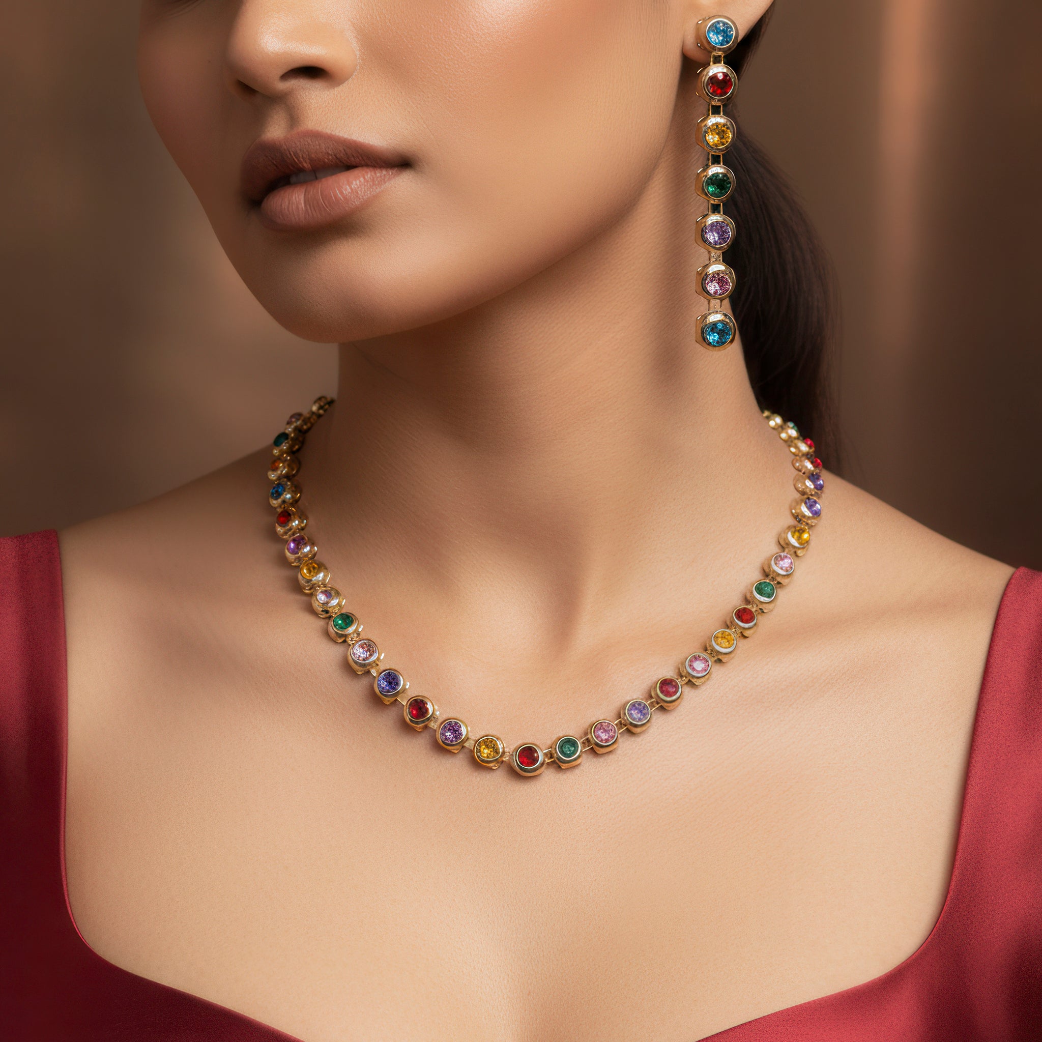 PRAO Anti-Tarnish AD Necklace Set With Earrings