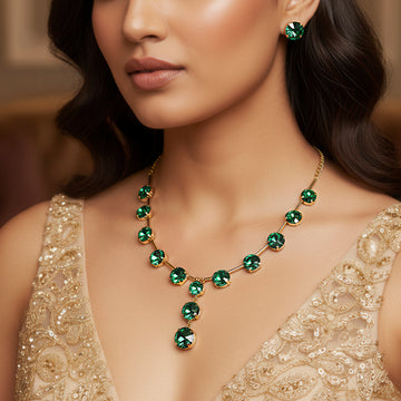PRAO Anti-Tarnish Emerald Green Gold Plated Crystal Necklace Set With Earrings