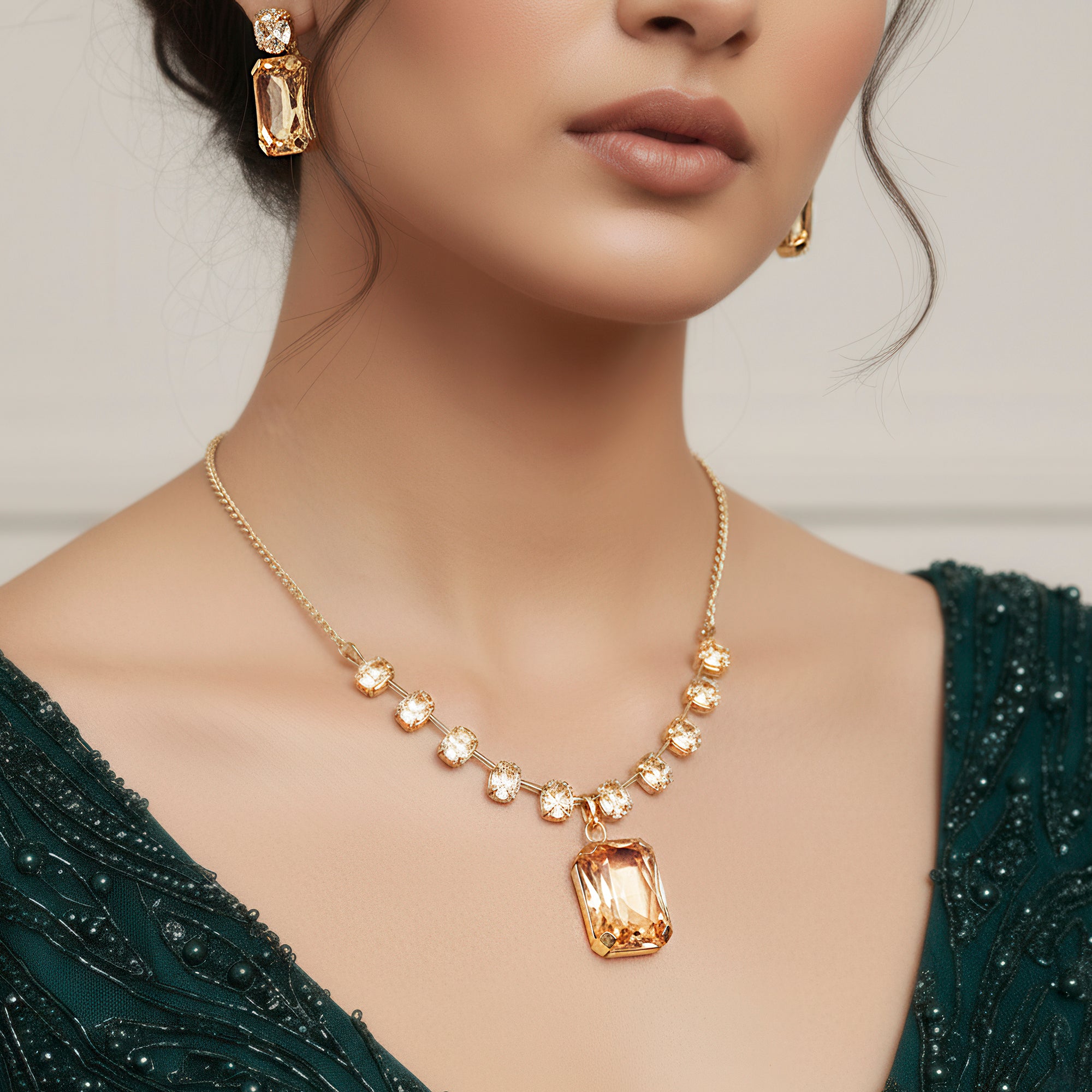 PRAO Anti-Tarnish Gold Plated Premium Crystal Necklace Set With Earrings