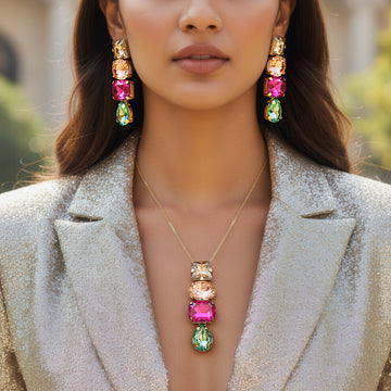 PRAO Necklace Anti-Tarnish Multi-Shape & Multi-Colour Premium Crystal Set With Earrings