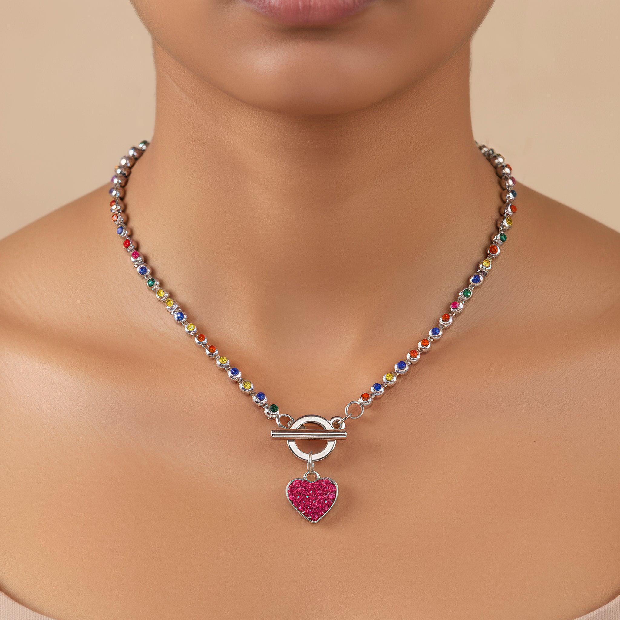 PRAO Anti-Tarnish AD-Studded Heart Charm Necklace with T-Lock