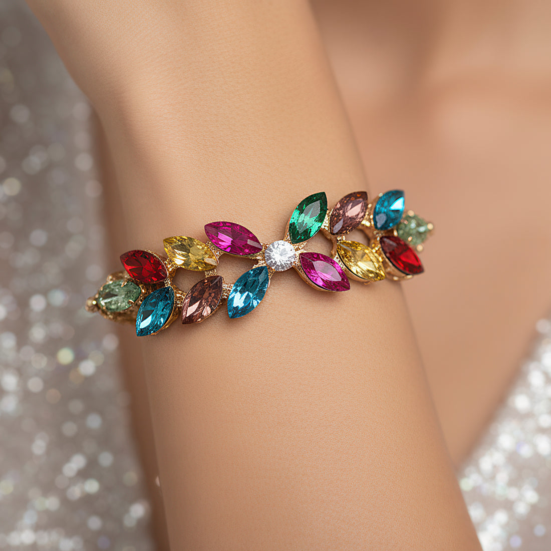 PRAO Anti-Tarnish Multi Crystal Leafy-Style Chain Bracelet (Adjustable Size)