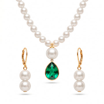 PRAO Necklace Emerald Crystal & Pearl Set with Earrings