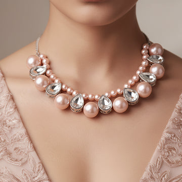 PRAO Rose Pink Pearl & Crystal Statement Necklace