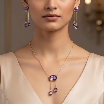 PRAO Anti-Tarnish Rectangle Crystal Lariat Necklace Set With Earrings