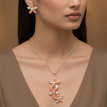 PRAO Anti-Tarnish Flower Enamel & Crystal Pendant Necklace Set With Earrings