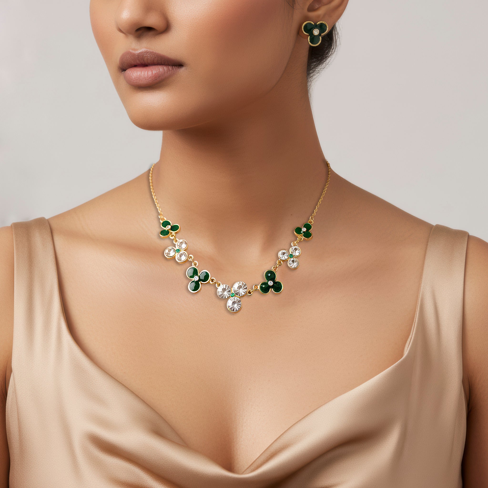 PRAO Anti-Tarnish Clubs Enamel & Crystal Necklace Set With Earrings