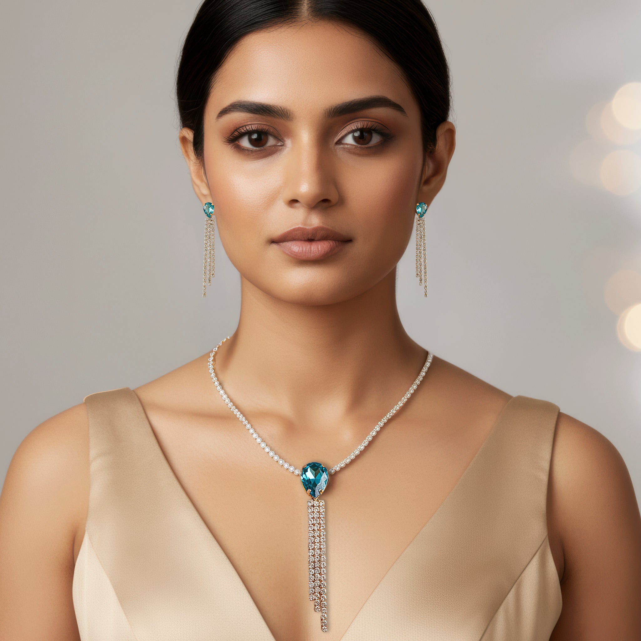 PRAO Anti-Tarnish Drop Crystal Rhinestone Tassel Hanging Necklace Set With Earrings