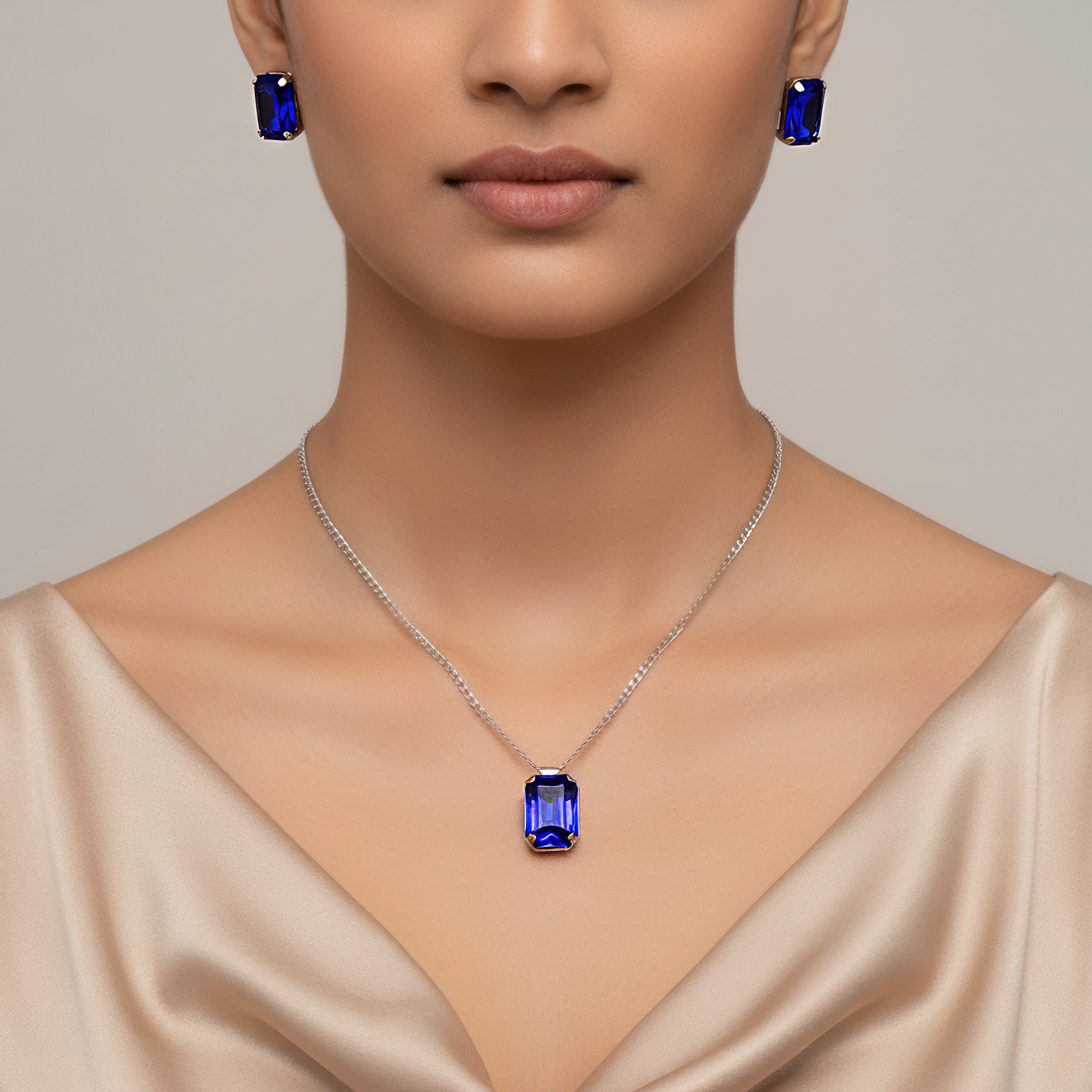 PRAO Anti-Tarnish Blue Sapphire Crystal Pendant Set With Earrings