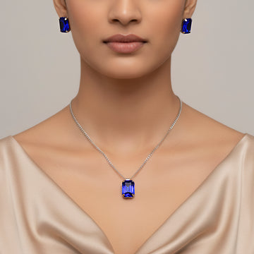 PRAO Anti-Tarnish Blue Sapphire Crystal Pendant Set With Earrings