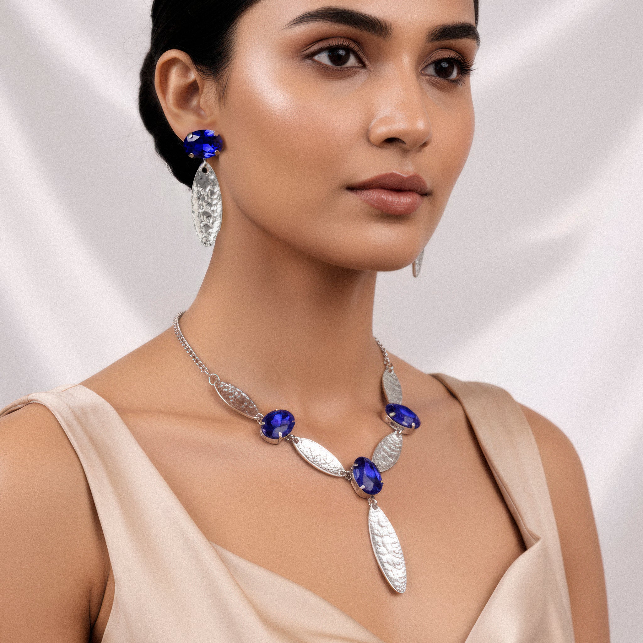 PRAO Necklace Anti-Tarnish Blue Saphhire Crystal Set With Earrings