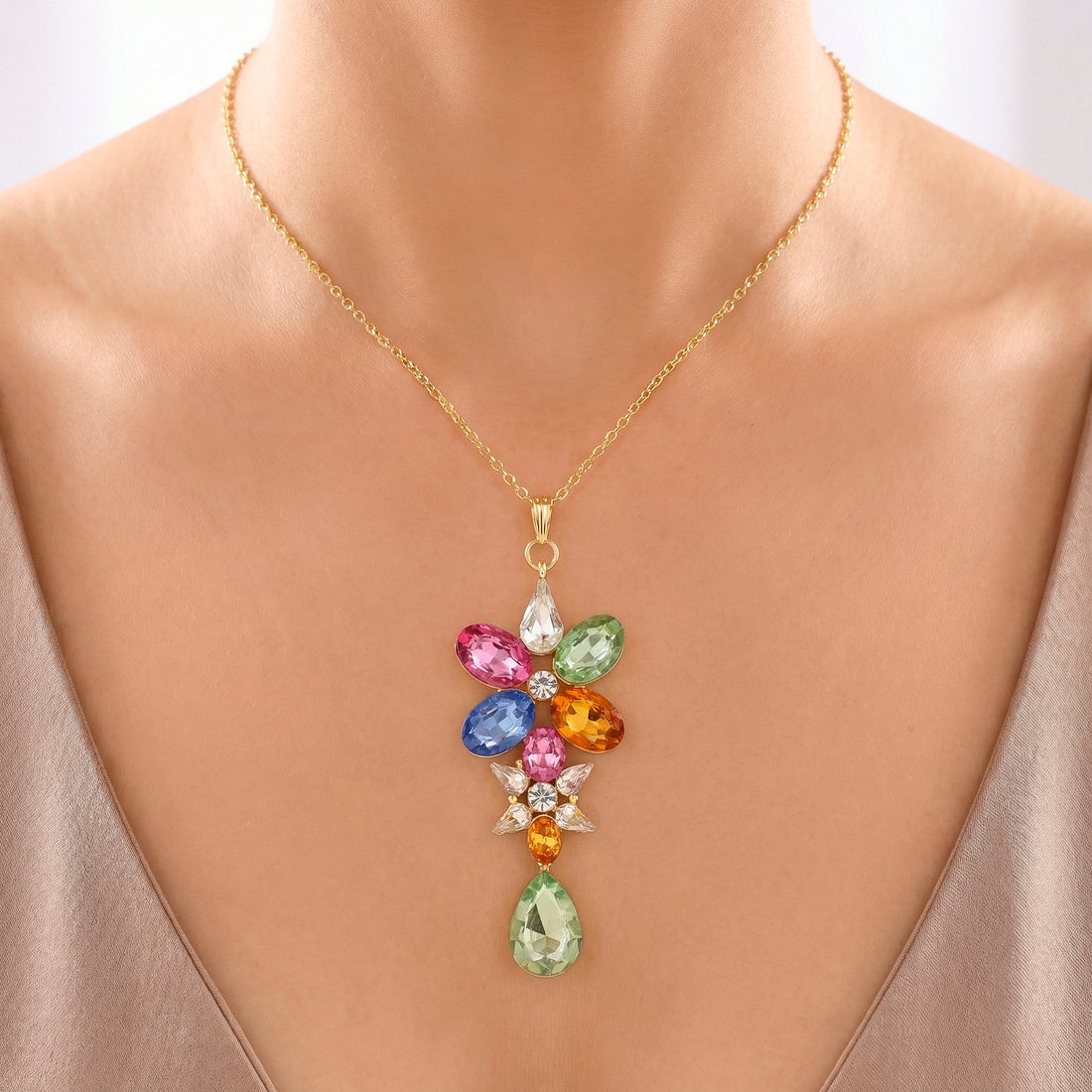 PRAO Necklace Anti-Tarnish Multicoloured Sparkling Crystals Flower with Earrings