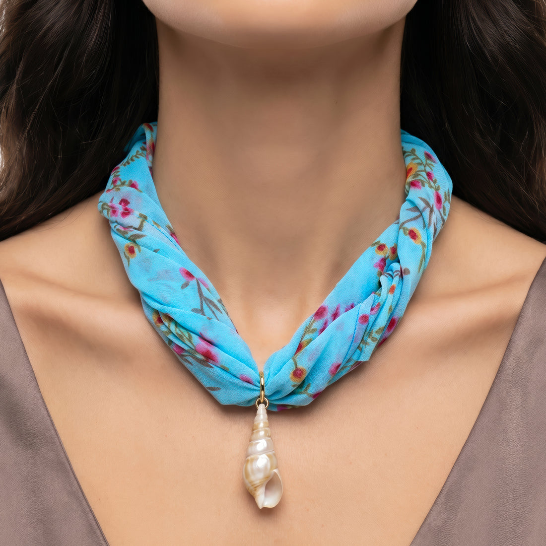 PRAO COMBO ✨ Blue Floral Scarf Necklace With Anti-Tarnish Golden Seashell Earrings