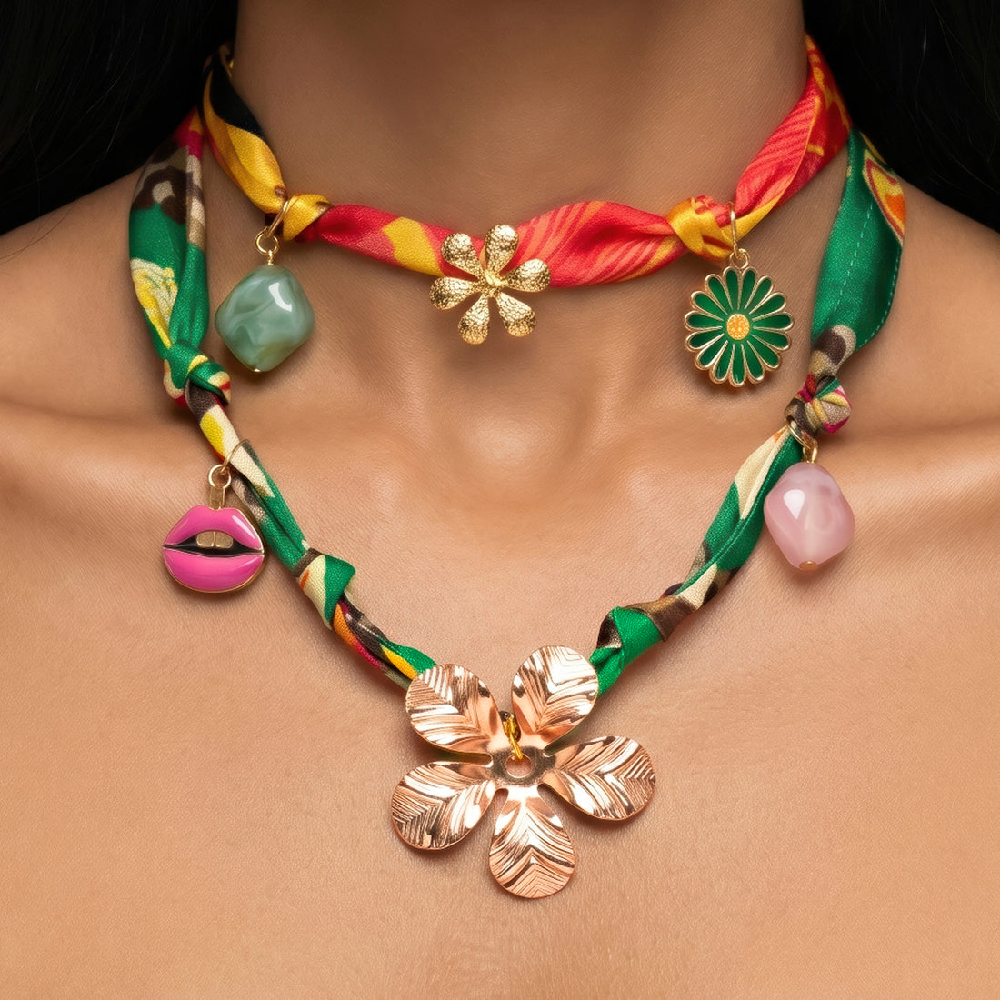 PRAO Necklace-Cum-Bracelet Anti-Tarnish Layered Printed Fabric Colorful With Golden Flower Charm