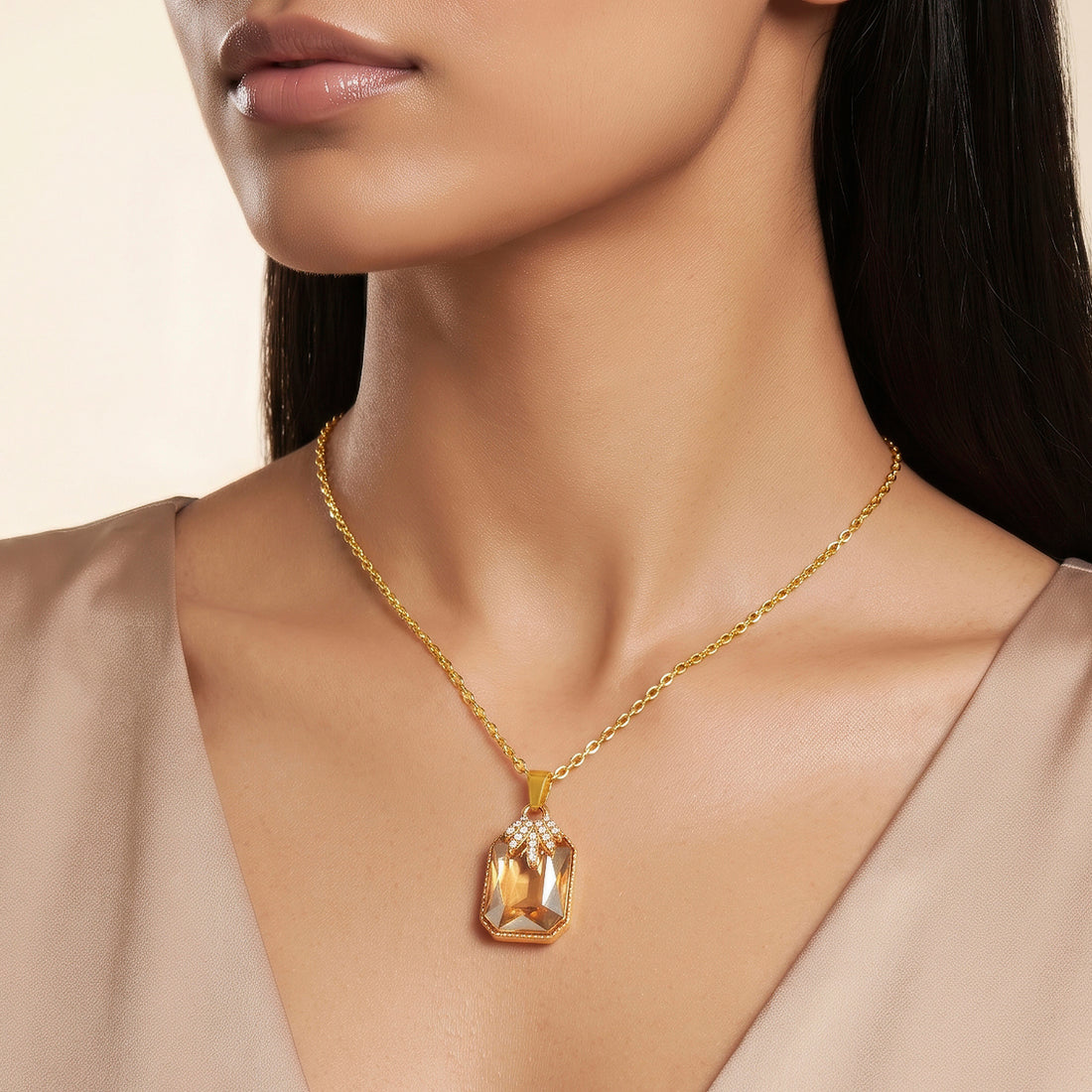 PRAO Necklace Anti-Tarnish Champagne Rectangle Pendant