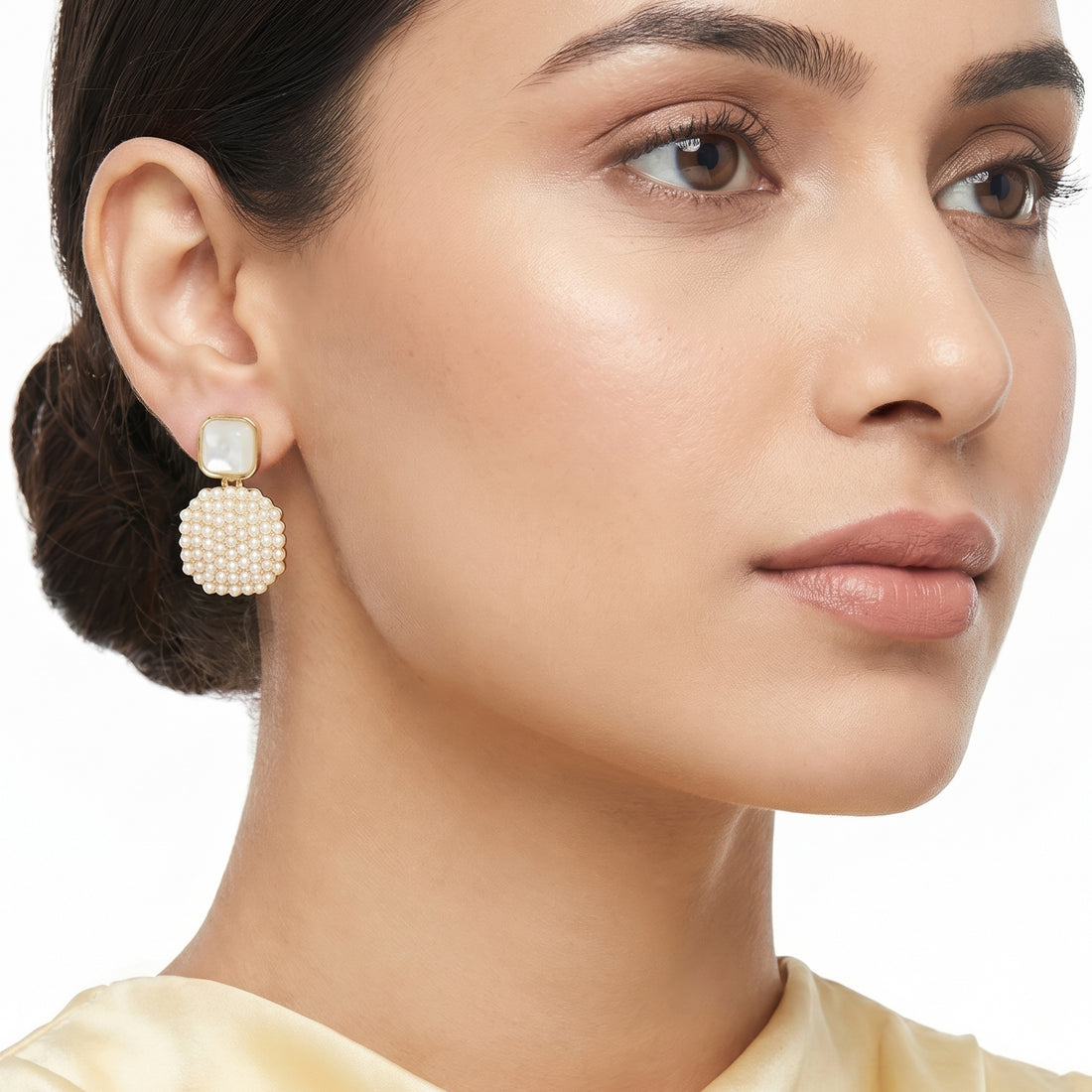 PRAO Earrings Anti-Tarnish Enamel Stud Drop With Geometric Pearl Pendant