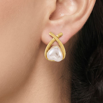 PRAO Earrings Anti-Tarnish Heart Pearl Crossover Studs