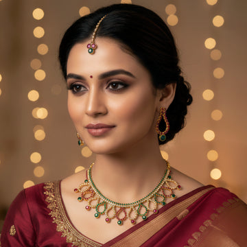 PRAO Anti-Tarnish Curvy Teardrop Rhinestone Chain Necklace Set With Earrings