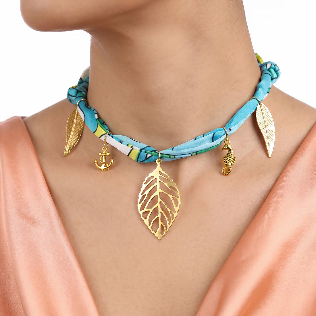 PRAO Necklace Anti-Tarnish Turquoise Fabric With Nautical Charms