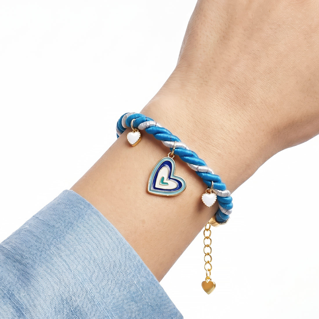 PRAO Anti-Tarnish Blue & White Cord Anklet-Cum-Bracelet With Heart Charms (Adjustable Size)